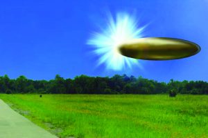 Photo réelle du site avec une superposition graphique réalisée par le laboratoire du FBI montrant des rapports de témoins oculaires corroborants de septembre 2023 d'un objet métallique ellipsoïde en bronze se matérialisant à partir d'une lumière vive dans le ciel, d'une longueur de 130 à 195 pieds, et disparaissant instantanément.