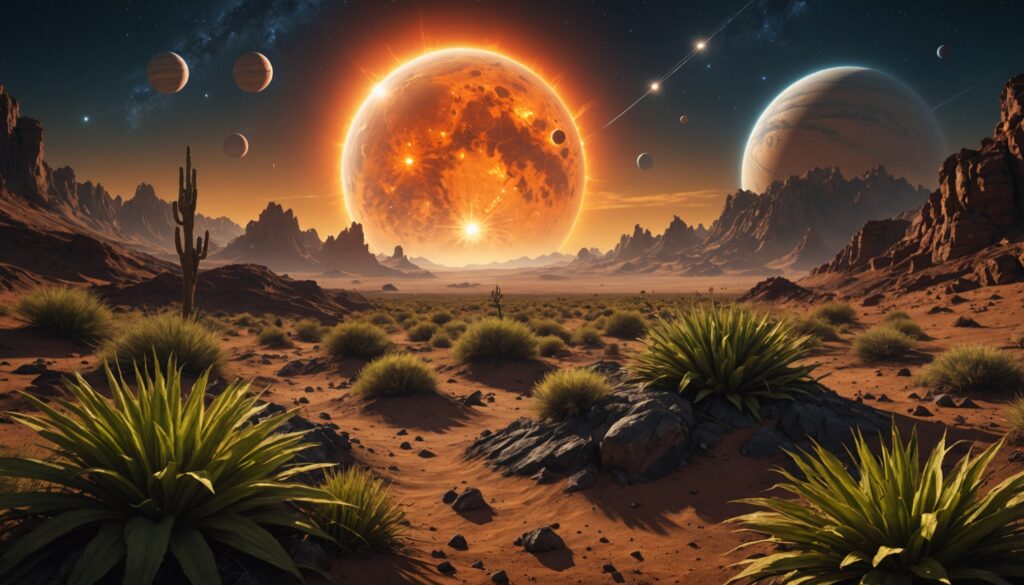 Illustration d'une jeune étoile solaire émettant un superflare et des éjections de masse coronale impactant une exoplanète, représentant la météo stellaire et l'habitabilité des exoplanètes