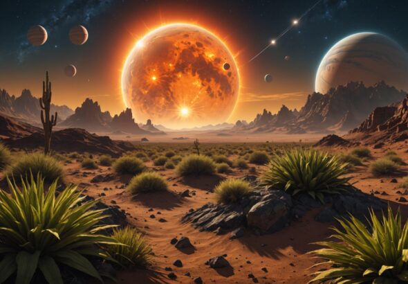 Illustration d'une jeune étoile solaire émettant un superflare et des éjections de masse coronale impactant une exoplanète, représentant la météo stellaire et l'habitabilité des exoplanètes