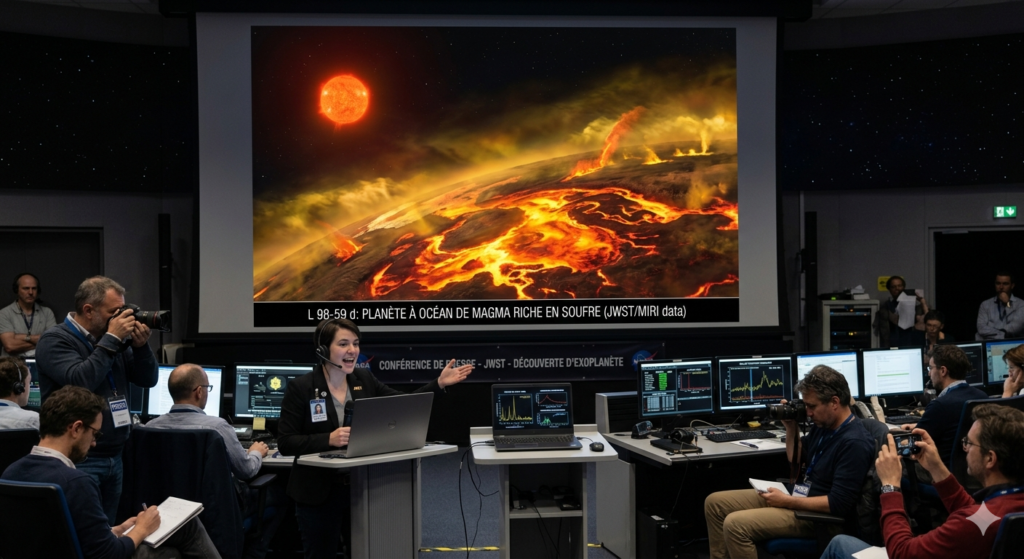JWST révèle L 98-59 d, première planète à océan de magma riche en soufre