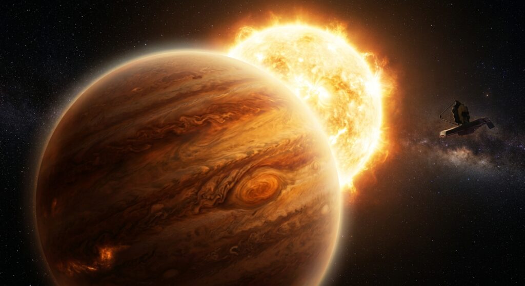 A dramatic and scientifically evocative digital illustration of a massive hot Jupiter exoplanet orbiting extremely close to its blazing host star. The giant planet dominates the foreground, its swirling atmosphere rendered in deep amber, orange, and russet tones with visible atmospheric bands and turbulent cloud systems. Subtle glowing layers of the atmosphere are highlighted, suggesting the presence of molecular compounds. In the background, the brilliant white-yellow host star looms large, its intense radiation illuminating and heating the planet's atmosphere. In the far distance, the faint silhouette of the James Webb Space Telescope floats in the darkness of space, pointing toward the planetary system. The surrounding space is deep black and scattered with distant stars. The overall mood is scientific, awe-inspiring, and slightly dramatic, with a photorealistic space art style reminiscent of NASA concept art. No text or labels are included.