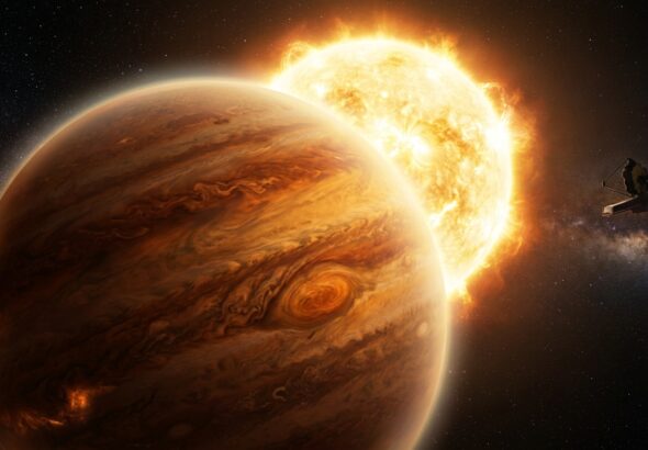 A dramatic and scientifically evocative digital illustration of a massive hot Jupiter exoplanet orbiting extremely close to its blazing host star. The giant planet dominates the foreground, its swirling atmosphere rendered in deep amber, orange, and russet tones with visible atmospheric bands and turbulent cloud systems. Subtle glowing layers of the atmosphere are highlighted, suggesting the presence of molecular compounds. In the background, the brilliant white-yellow host star looms large, its intense radiation illuminating and heating the planet's atmosphere. In the far distance, the faint silhouette of the James Webb Space Telescope floats in the darkness of space, pointing toward the planetary system. The surrounding space is deep black and scattered with distant stars. The overall mood is scientific, awe-inspiring, and slightly dramatic, with a photorealistic space art style reminiscent of NASA concept art. No text or labels are included.