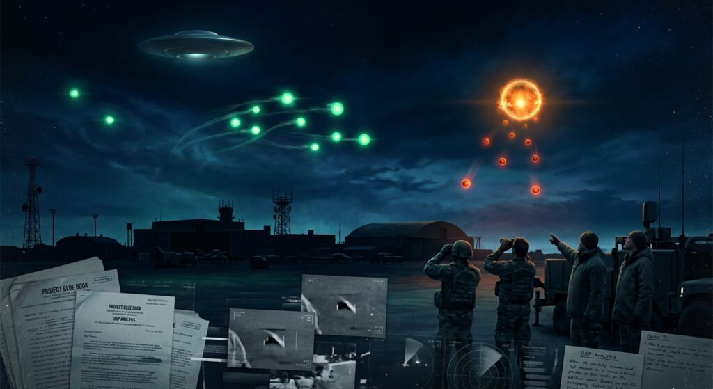 A dramatic, cinematic editorial illustration depicting a dark night sky over a silhouetted U.S. military installation, with multiple unidentified aerial phenomena visible — including glowing green orbs, a luminous orange sphere releasing smaller red orbs, and a distant disc-shaped object hovering at high altitude. The scene is rendered in a moody, photorealistic style with deep navy and black tones contrasted by vivid bioluminescent greens, oranges, and reds emanating from the mysterious objects. In the foreground, blurred figures of military personnel observe the phenomena, their faces upturned. Stacks of declassified documents and surveillance footage frames are subtly integrated into the lower composition as translucent overlays, evoking institutional transparency and archival investigation. The overall atmosphere balances scientific curiosity with governmental gravitas, conveying both the scale of the disclosure and the unresolved mystery at its core.