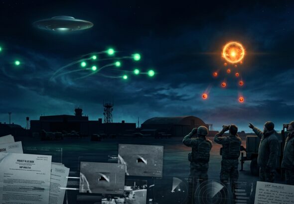A dramatic, cinematic editorial illustration depicting a dark night sky over a silhouetted U.S. military installation, with multiple unidentified aerial phenomena visible — including glowing green orbs, a luminous orange sphere releasing smaller red orbs, and a distant disc-shaped object hovering at high altitude. The scene is rendered in a moody, photorealistic style with deep navy and black tones contrasted by vivid bioluminescent greens, oranges, and reds emanating from the mysterious objects. In the foreground, blurred figures of military personnel observe the phenomena, their faces upturned. Stacks of declassified documents and surveillance footage frames are subtly integrated into the lower composition as translucent overlays, evoking institutional transparency and archival investigation. The overall atmosphere balances scientific curiosity with governmental gravitas, conveying both the scale of the disclosure and the unresolved mystery at its core.