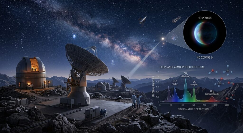 A dramatic wide-angle illustration of a coordinated network of ground-based and space telescopes pointed toward a star-filled sky, with a distant exoplanet visible in the upper atmosphere, its thin atmospheric layer glowing with subtle spectral colors representing molecular signatures. In the foreground, a large modern radio telescope dish and an optical observatory dome sit on a rocky plateau under a deep indigo night sky. Faint spectral analysis graphs and molecular diagrams like oxygen and methane molecules are subtly overlaid as translucent scientific overlays, suggesting atmospheric biosignature detection. The mood is scientific and awe-inspiring, blending cutting-edge technology with the vastness of the cosmos. Photorealistic digital art style with cinematic lighting, cool blue and purple tones contrasted with warm amber telescope lights.