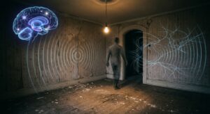 A photorealistic, atmospheric editorial image depicting a dimly lit, old interior room with faded wallpaper, dusty wooden floorboards, and a single flickering light source casting long shadows. In the center, a semi-transparent, ghostly human silhouette hovers near a doorway, subtly blending into the environment. Overlaid on the scene are soft, glowing visualizations of invisible forces: faint concentric waves suggesting infrasound vibrations emanating from the walls, and delicate electromagnetic field lines curling through the air. A cross-sectional diagram of a human brain, rendered in bioluminescent blue and violet, floats ethereally in the upper corner, symbolizing neural processing. The overall mood is mysterious yet scientific, blending paranormal atmosphere with neurological and cognitive symbolism. Cinematic lighting, muted desaturated tones with accents of cold blue and warm amber, high detail, editorial photography style.