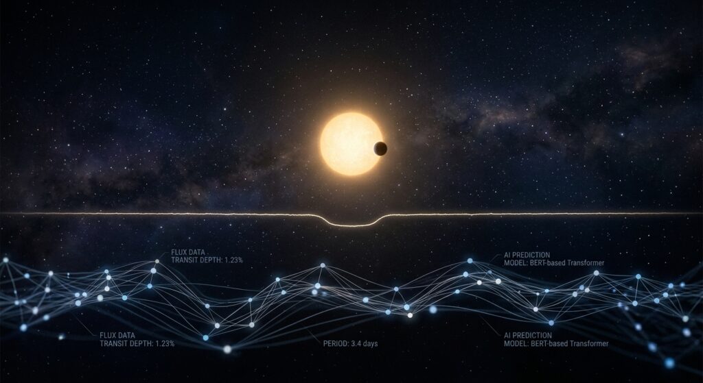 A vast dark cosmic landscape featuring a distant star at the center emitting a soft golden glow, with a small dark planetary silhouette passing in front of it — a single transit event. The star's light curve is visualized as a delicate glowing waveform stretching horizontally across the scene, showing a subtle dip at the moment of transit. Surrounding the star, deep space is filled with scattered distant stars and faint nebular hues of deep blue and violet. In the foreground, abstract neural network or Transformer architecture patterns — luminous geometric nodes and flowing connection lines — subtly overlay the stellar photometric data stream, representing artificial intelligence analyzing the light signal. The overall mood is scientific, awe-inspiring, and precise. Cinematic wide-angle composition, dark space background, photorealistic rendering with soft volumetric lighting, editorial science illustration style.