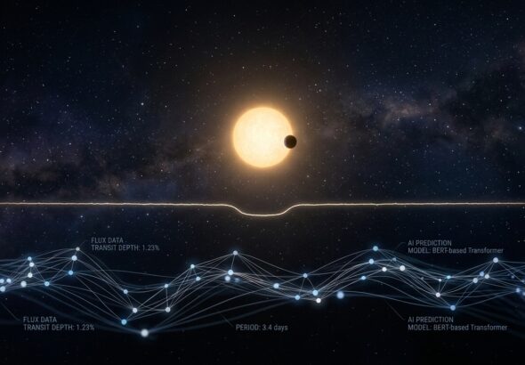 A vast dark cosmic landscape featuring a distant star at the center emitting a soft golden glow, with a small dark planetary silhouette passing in front of it — a single transit event. The star's light curve is visualized as a delicate glowing waveform stretching horizontally across the scene, showing a subtle dip at the moment of transit. Surrounding the star, deep space is filled with scattered distant stars and faint nebular hues of deep blue and violet. In the foreground, abstract neural network or Transformer architecture patterns — luminous geometric nodes and flowing connection lines — subtly overlay the stellar photometric data stream, representing artificial intelligence analyzing the light signal. The overall mood is scientific, awe-inspiring, and precise. Cinematic wide-angle composition, dark space background, photorealistic rendering with soft volumetric lighting, editorial science illustration style.