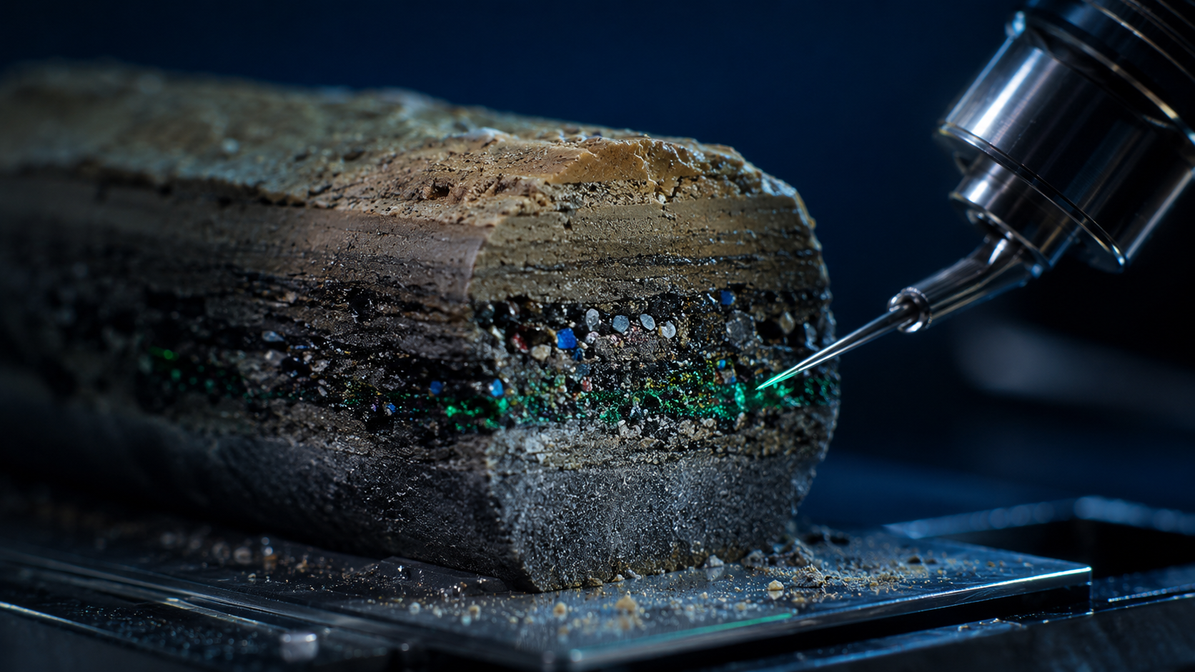 Carotte de sédiment futur contenant microplastiques, béton et anomalies chimiques