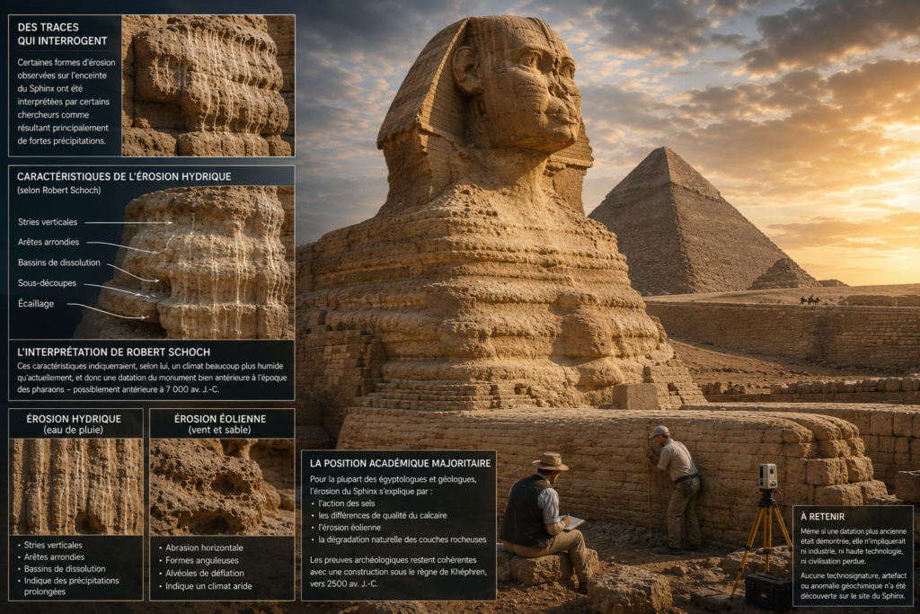 Grand Sphinx de Gizeh et motifs d'érosion de son enceinte rocheuse