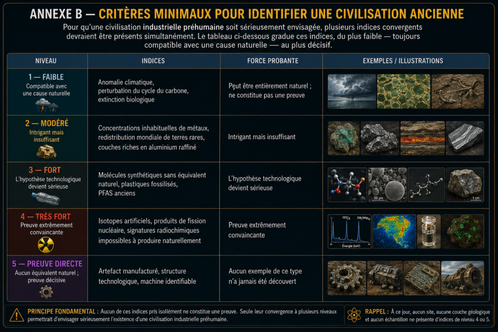 Annexe B — Critères minimaux pour identifier une civilisation ancienne