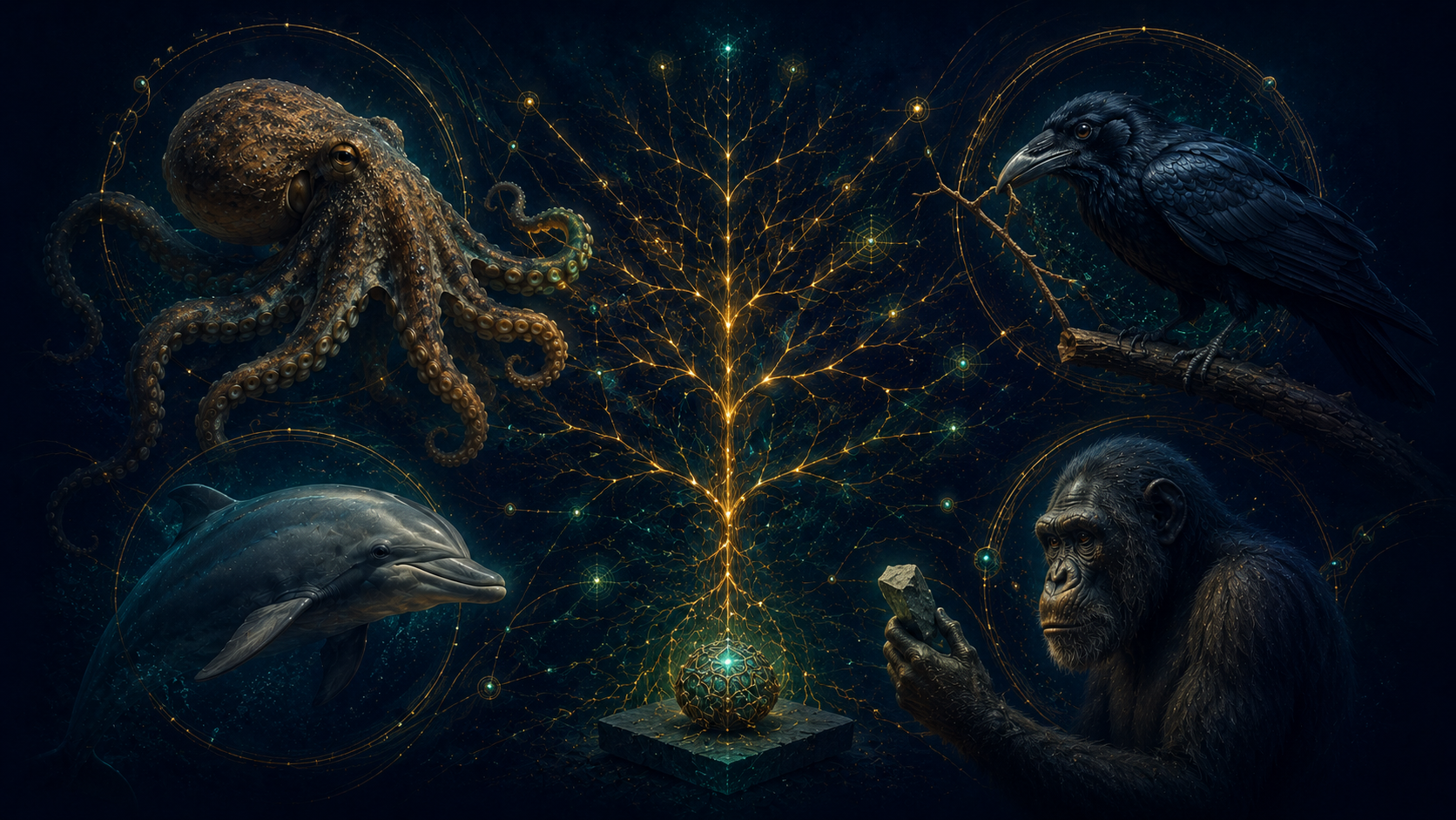 Intelligences animales convergentes pieuvre, corbeau, dauphin, grand singe