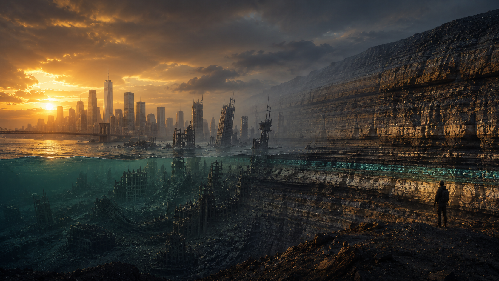 Métropole contemporaine s'effaçant en une fine couche géologique du futur