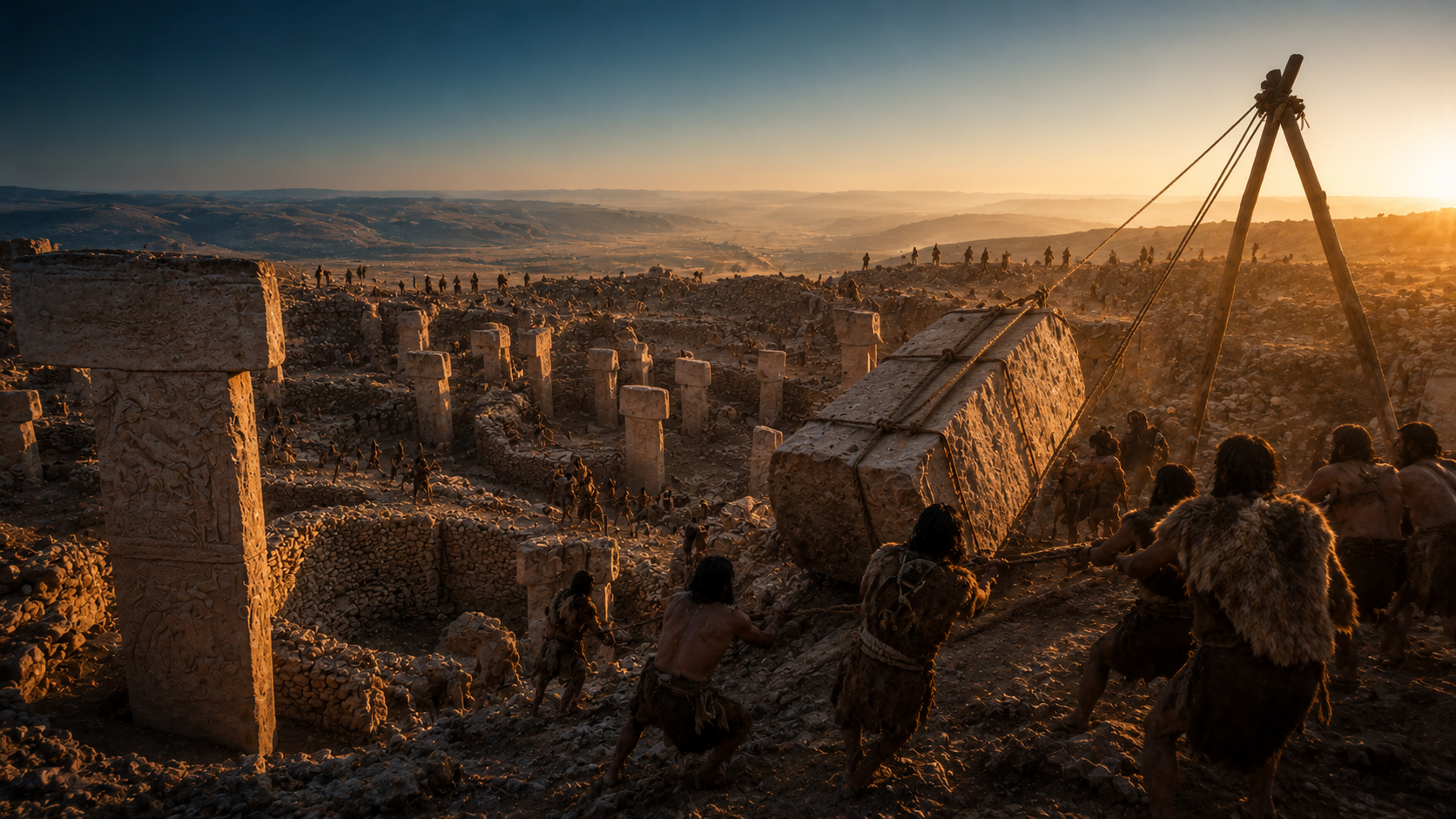Site néolithique de Göbekli Tepe au lever du soleil avec piliers mégalithiques en T