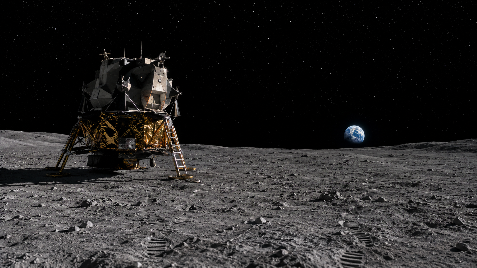 Surface lunaire avec module Apollo, technofossile préservé, lever de Terre