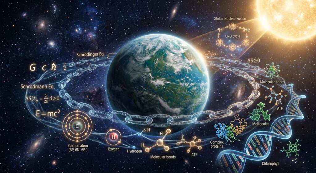 A breathtaking photorealistic illustration of a distant exoplanet floating in deep space, its surface partially illuminated by a distant star, with swirling blue-green oceans and wispy cloud formations suggesting a living world. Surrounding the planet, elegant translucent glowing chains of mathematical equations and atomic structures form a luminous web connecting the cosmic scale to the molecular scale — from stellar nuclear fusion diagrams to DNA double helix strands and carbon atom models. In the background, a vast star field with a bright main-sequence star casting warm golden light. The composition bridges the macroscopic and microscopic, symbolizing the link between fundamental physics constants and the emergence of life. The visual tone is scientific and awe-inspiring, rendered in deep blues, purples, and soft golden hues, with a cinematic depth of field, high detail, editorial science illustration style.