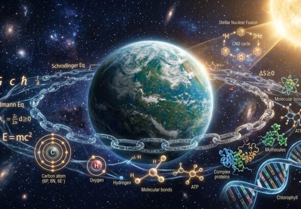 A breathtaking photorealistic illustration of a distant exoplanet floating in deep space, its surface partially illuminated by a distant star, with swirling blue-green oceans and wispy cloud formations suggesting a living world. Surrounding the planet, elegant translucent glowing chains of mathematical equations and atomic structures form a luminous web connecting the cosmic scale to the molecular scale — from stellar nuclear fusion diagrams to DNA double helix strands and carbon atom models. In the background, a vast star field with a bright main-sequence star casting warm golden light. The composition bridges the macroscopic and microscopic, symbolizing the link between fundamental physics constants and the emergence of life. The visual tone is scientific and awe-inspiring, rendered in deep blues, purples, and soft golden hues, with a cinematic depth of field, high detail, editorial science illustration style.