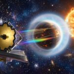 A breathtaking space science illustration showing the James Webb Space Telescope observing a young, puffy super-Earth exoplanet orbiting a young sun-like star, with the planet's extended atmosphere glowing in soft blue and white hues representing water vapor. The planet appears visibly inflated compared to mature rocky worlds, surrounded by a translucent atmospheric halo. Transmission spectroscopy visualization elements subtly appear as golden light rays passing through the planet's atmosphere, diffracting into spectrum-like gradients. The host star blazes brightly in the background with visible stellar activity, sunspots and flares hinting at its youth. Deep space surrounds the scene with distant star clusters suggesting a young stellar environment only 23 million years old. The overall mood is scientific wonder and cosmic discovery, rendered in a photorealistic digital art style with dramatic lighting, rich deep blues and purples of space contrasting against the warm stellar glow and the delicate luminescent atmosphere of the young planet.