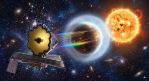 A breathtaking space science illustration showing the James Webb Space Telescope observing a young, puffy super-Earth exoplanet orbiting a young sun-like star, with the planet's extended atmosphere glowing in soft blue and white hues representing water vapor. The planet appears visibly inflated compared to mature rocky worlds, surrounded by a translucent atmospheric halo. Transmission spectroscopy visualization elements subtly appear as golden light rays passing through the planet's atmosphere, diffracting into spectrum-like gradients. The host star blazes brightly in the background with visible stellar activity, sunspots and flares hinting at its youth. Deep space surrounds the scene with distant star clusters suggesting a young stellar environment only 23 million years old. The overall mood is scientific wonder and cosmic discovery, rendered in a photorealistic digital art style with dramatic lighting, rich deep blues and purples of space contrasting against the warm stellar glow and the delicate luminescent atmosphere of the young planet.
