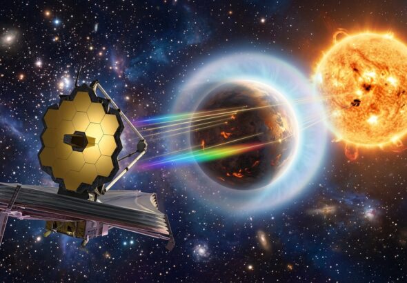 A breathtaking space science illustration showing the James Webb Space Telescope observing a young, puffy super-Earth exoplanet orbiting a young sun-like star, with the planet's extended atmosphere glowing in soft blue and white hues representing water vapor. The planet appears visibly inflated compared to mature rocky worlds, surrounded by a translucent atmospheric halo. Transmission spectroscopy visualization elements subtly appear as golden light rays passing through the planet's atmosphere, diffracting into spectrum-like gradients. The host star blazes brightly in the background with visible stellar activity, sunspots and flares hinting at its youth. Deep space surrounds the scene with distant star clusters suggesting a young stellar environment only 23 million years old. The overall mood is scientific wonder and cosmic discovery, rendered in a photorealistic digital art style with dramatic lighting, rich deep blues and purples of space contrasting against the warm stellar glow and the delicate luminescent atmosphere of the young planet.