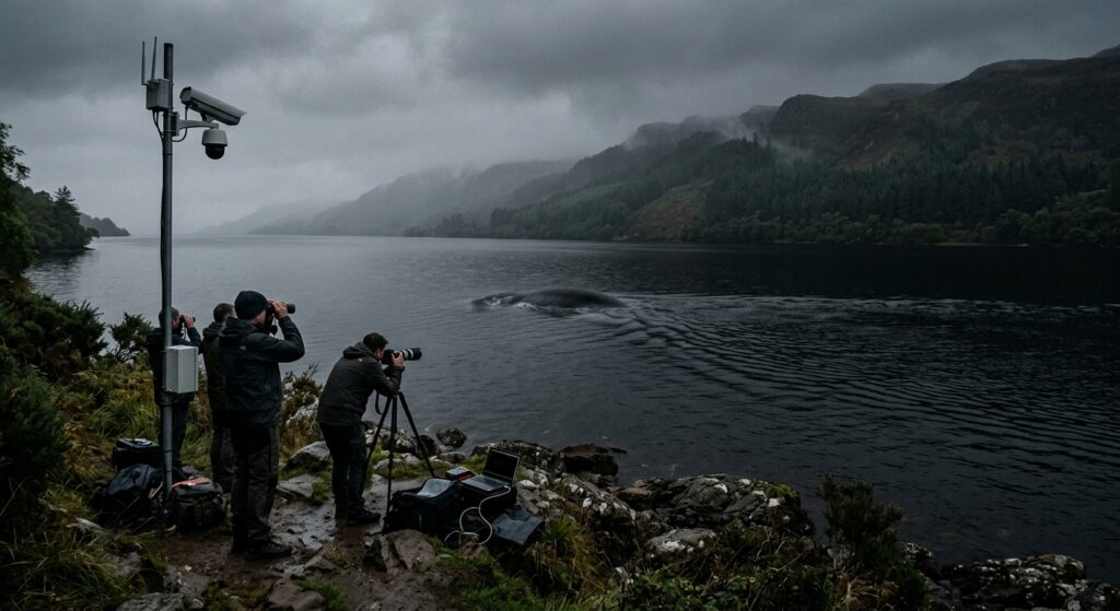 A dark, atmospheric and mysterious scene of Loch Ness in Scotland, shrouded in early morning mist. The vast, deep black waters of the lake stretch into the distance, framed by rugged Scottish Highlands and overcast grey skies. In the water, a subtle, ambiguous disturbance breaks the surface — a large dark shape or ripple suggesting something massive just beneath, neither clearly defined nor obviously explained. On the shoreline, a modern surveillance camera mounted on a pole and a small group of observers with binoculars and recording equipment hint at contemporary monitoring efforts. The overall mood is eerie, contemplative, and suspenseful. Cinematic editorial photography style, muted tones of deep green, slate grey, and black, with dramatic low diffused light filtering through clouds.
