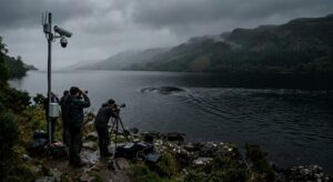 A dark, atmospheric and mysterious scene of Loch Ness in Scotland, shrouded in early morning mist. The vast, deep black waters of the lake stretch into the distance, framed by rugged Scottish Highlands and overcast grey skies. In the water, a subtle, ambiguous disturbance breaks the surface — a large dark shape or ripple suggesting something massive just beneath, neither clearly defined nor obviously explained. On the shoreline, a modern surveillance camera mounted on a pole and a small group of observers with binoculars and recording equipment hint at contemporary monitoring efforts. The overall mood is eerie, contemplative, and suspenseful. Cinematic editorial photography style, muted tones of deep green, slate grey, and black, with dramatic low diffused light filtering through clouds.