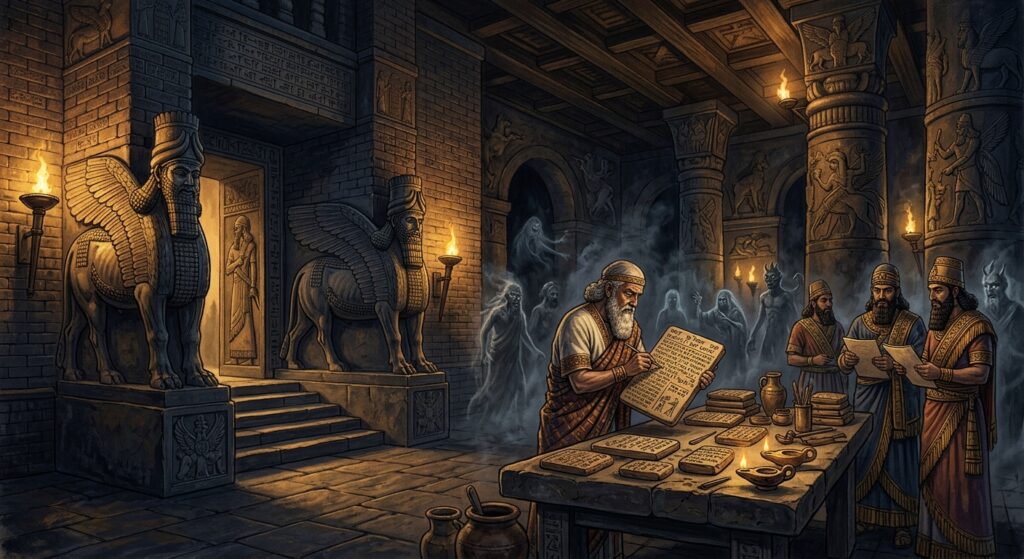 A dramatic and atmospheric editorial illustration depicting the ancient Assyrian Empire's institutional management of the supernatural. A grand stone administrative hall with massive carved lamassu guardian statues flanking the entrance, lit by flickering oil lamps casting deep shadows. Inside, a robed Assyrian official — an ashipu exorcist — stands at a large stone table covered with cuneiform clay tablets, carefully cataloguing demonic entities. The tablets display intricate inscriptions. Ghostly translucent figures and shadowy demon forms hover subtly in the background, partially obscured by smoke and darkness. Other officials in formal Assyrian court attire observe nearby, suggesting a bureaucratic setting rather than a religious ceremony. The overall aesthetic is dark, ancient, and monumental — rich terracotta and deep indigo tones, with golden lamplight illuminating carved reliefs of mythological creatures on the walls. Cinematic, detailed, historically grounded illustration style with a sense of institutional gravity and hidden mystery.