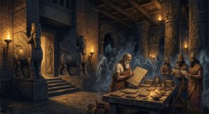 A dramatic and atmospheric editorial illustration depicting the ancient Assyrian Empire's institutional management of the supernatural. A grand stone administrative hall with massive carved lamassu guardian statues flanking the entrance, lit by flickering oil lamps casting deep shadows. Inside, a robed Assyrian official — an ashipu exorcist — stands at a large stone table covered with cuneiform clay tablets, carefully cataloguing demonic entities. The tablets display intricate inscriptions. Ghostly translucent figures and shadowy demon forms hover subtly in the background, partially obscured by smoke and darkness. Other officials in formal Assyrian court attire observe nearby, suggesting a bureaucratic setting rather than a religious ceremony. The overall aesthetic is dark, ancient, and monumental — rich terracotta and deep indigo tones, with golden lamplight illuminating carved reliefs of mythological creatures on the walls. Cinematic, detailed, historically grounded illustration style with a sense of institutional gravity and hidden mystery.