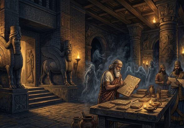 A dramatic and atmospheric editorial illustration depicting the ancient Assyrian Empire's institutional management of the supernatural. A grand stone administrative hall with massive carved lamassu guardian statues flanking the entrance, lit by flickering oil lamps casting deep shadows. Inside, a robed Assyrian official — an ashipu exorcist — stands at a large stone table covered with cuneiform clay tablets, carefully cataloguing demonic entities. The tablets display intricate inscriptions. Ghostly translucent figures and shadowy demon forms hover subtly in the background, partially obscured by smoke and darkness. Other officials in formal Assyrian court attire observe nearby, suggesting a bureaucratic setting rather than a religious ceremony. The overall aesthetic is dark, ancient, and monumental — rich terracotta and deep indigo tones, with golden lamplight illuminating carved reliefs of mythological creatures on the walls. Cinematic, detailed, historically grounded illustration style with a sense of institutional gravity and hidden mystery.