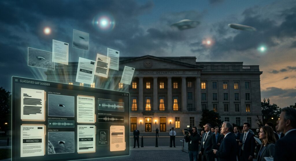 A dramatic and atmospheric editorial illustration depicting the official declassification of UAP files by a government defense department. Show a large government building facade at dusk with warm amber and deep blue tones, with translucent holographic document folders and surveillance footage frames floating in the air around it. In the sky above, partially obscured by clouds, render several ambiguous unidentified aerial phenomena — luminous orbs, a blurry disc-shaped form, and an elongated object — depicted in a realistic but inconclusive style, neither confirming nor denying their origin. In the foreground, a vast digital interface displays redacted documents, aerial photographs, and waveform audio recordings, suggesting a massive archive being made public. The overall mood is serious, institutional, and historically significant, combining cold government bureaucracy with cosmic mystery. Cinematic lighting, photorealistic style with a documentary aesthetic, muted color palette with accents of electric blue and amber.