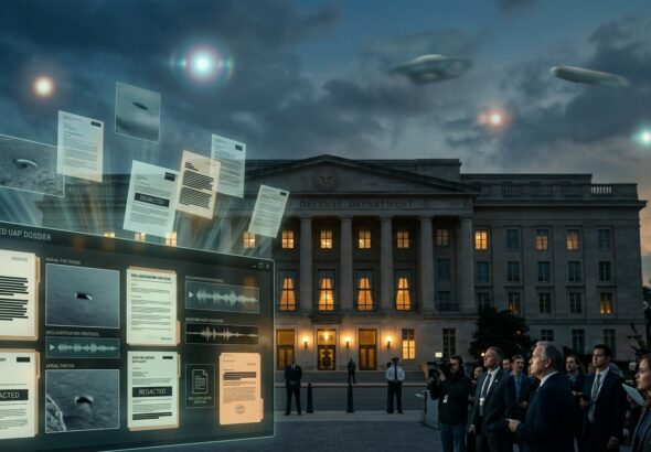 A dramatic and atmospheric editorial illustration depicting the official declassification of UAP files by a government defense department. Show a large government building facade at dusk with warm amber and deep blue tones, with translucent holographic document folders and surveillance footage frames floating in the air around it. In the sky above, partially obscured by clouds, render several ambiguous unidentified aerial phenomena — luminous orbs, a blurry disc-shaped form, and an elongated object — depicted in a realistic but inconclusive style, neither confirming nor denying their origin. In the foreground, a vast digital interface displays redacted documents, aerial photographs, and waveform audio recordings, suggesting a massive archive being made public. The overall mood is serious, institutional, and historically significant, combining cold government bureaucracy with cosmic mystery. Cinematic lighting, photorealistic style with a documentary aesthetic, muted color palette with accents of electric blue and amber.