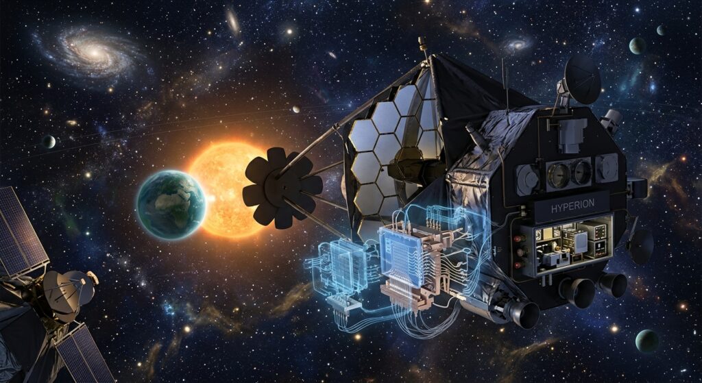 A dramatic and scientifically evocative space illustration showing a large advanced space telescope observatory floating in deep space, surrounded by a field of distant stars and exoplanets. In the foreground, a glowing Earth-like exoplanet orbits a bright star, with the telescope's coronagraph visually blocking the starlight to reveal the faint world beside it. Nearby, ethereal blue-tinted superconducting detector arrays glow faintly, suggesting cryogenic temperatures near absolute zero, with intricate circuit-like patterns representing kinetic inductance detectors and radiofrequency readout electronics. The background features a rich cosmic tapestry of stars, nebulae, and distant planetary systems. The overall color palette combines deep blacks and dark blues of space with warm stellar golds, cool superconducting blues, and subtle greens hinting at habitability. The style is photorealistic digital art with a cinematic, editorial quality, evoking scientific ambition and technological precision.