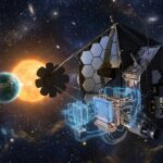 A dramatic and scientifically evocative space illustration showing a large advanced space telescope observatory floating in deep space, surrounded by a field of distant stars and exoplanets. In the foreground, a glowing Earth-like exoplanet orbits a bright star, with the telescope's coronagraph visually blocking the starlight to reveal the faint world beside it. Nearby, ethereal blue-tinted superconducting detector arrays glow faintly, suggesting cryogenic temperatures near absolute zero, with intricate circuit-like patterns representing kinetic inductance detectors and radiofrequency readout electronics. The background features a rich cosmic tapestry of stars, nebulae, and distant planetary systems. The overall color palette combines deep blacks and dark blues of space with warm stellar golds, cool superconducting blues, and subtle greens hinting at habitability. The style is photorealistic digital art with a cinematic, editorial quality, evoking scientific ambition and technological precision.
