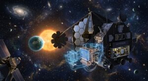 A dramatic and scientifically evocative space illustration showing a large advanced space telescope observatory floating in deep space, surrounded by a field of distant stars and exoplanets. In the foreground, a glowing Earth-like exoplanet orbits a bright star, with the telescope's coronagraph visually blocking the starlight to reveal the faint world beside it. Nearby, ethereal blue-tinted superconducting detector arrays glow faintly, suggesting cryogenic temperatures near absolute zero, with intricate circuit-like patterns representing kinetic inductance detectors and radiofrequency readout electronics. The background features a rich cosmic tapestry of stars, nebulae, and distant planetary systems. The overall color palette combines deep blacks and dark blues of space with warm stellar golds, cool superconducting blues, and subtle greens hinting at habitability. The style is photorealistic digital art with a cinematic, editorial quality, evoking scientific ambition and technological precision.