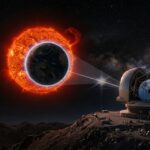 A dramatic and scientifically evocative space scene depicting a rocky Earth-like exoplanet transiting in front of a dim red dwarf star, with the planet's thin atmospheric halo glowing faintly as starlight filters through it, revealing subtle spectral colors — blues, greens, and infrared hues — suggesting the presence of oxygen, water vapor, carbon dioxide, and methane. In the deep background, a colossal ground-based telescope with a segmented primary mirror — representing the Extremely Large Telescope — stands on a high-altitude mountain under a pristine dark sky filled with stars. The composition juxtaposes the intimate scale of the telescope with the cosmic scale of the distant exoplanet system, connected visually by a beam of light and spectral diffraction patterns. The overall mood is one of scientific wonder and anticipation, rendered in a photorealistic digital art style with deep blacks, subtle nebular colors, and sharp technical detail. No text or labels in the image.