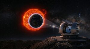A dramatic and scientifically evocative space scene depicting a rocky Earth-like exoplanet transiting in front of a dim red dwarf star, with the planet's thin atmospheric halo glowing faintly as starlight filters through it, revealing subtle spectral colors — blues, greens, and infrared hues — suggesting the presence of oxygen, water vapor, carbon dioxide, and methane. In the deep background, a colossal ground-based telescope with a segmented primary mirror — representing the Extremely Large Telescope — stands on a high-altitude mountain under a pristine dark sky filled with stars. The composition juxtaposes the intimate scale of the telescope with the cosmic scale of the distant exoplanet system, connected visually by a beam of light and spectral diffraction patterns. The overall mood is one of scientific wonder and anticipation, rendered in a photorealistic digital art style with deep blacks, subtle nebular colors, and sharp technical detail. No text or labels in the image.