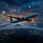 A dramatic editorial-style aerial photograph depicting a commercial airliner flying through a twilight sky with deep blue and amber hues, surrounded by ambiguous luminous orbs of light at a distance. The aircraft is viewed from a slightly below angle, emphasizing its scale against a vast atmospheric backdrop. In the background, a stylized split composition shows the American and European continents rendered as faint glowing outlines on a dark globe, symbolizing a regulatory divide. The scene has a photorealistic yet slightly cinematic quality, with volumetric clouds, subtle lens flare from the unidentified luminous phenomena, and a mood that blends institutional gravity with scientific mystery. No text, no logos, no captions.