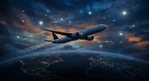 A dramatic editorial-style aerial photograph depicting a commercial airliner flying through a twilight sky with deep blue and amber hues, surrounded by ambiguous luminous orbs of light at a distance. The aircraft is viewed from a slightly below angle, emphasizing its scale against a vast atmospheric backdrop. In the background, a stylized split composition shows the American and European continents rendered as faint glowing outlines on a dark globe, symbolizing a regulatory divide. The scene has a photorealistic yet slightly cinematic quality, with volumetric clouds, subtle lens flare from the unidentified luminous phenomena, and a mood that blends institutional gravity with scientific mystery. No text, no logos, no captions.