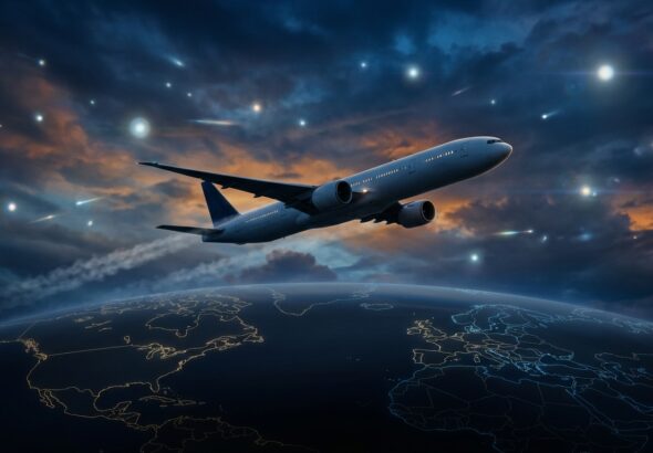 A dramatic editorial-style aerial photograph depicting a commercial airliner flying through a twilight sky with deep blue and amber hues, surrounded by ambiguous luminous orbs of light at a distance. The aircraft is viewed from a slightly below angle, emphasizing its scale against a vast atmospheric backdrop. In the background, a stylized split composition shows the American and European continents rendered as faint glowing outlines on a dark globe, symbolizing a regulatory divide. The scene has a photorealistic yet slightly cinematic quality, with volumetric clouds, subtle lens flare from the unidentified luminous phenomena, and a mood that blends institutional gravity with scientific mystery. No text, no logos, no captions.