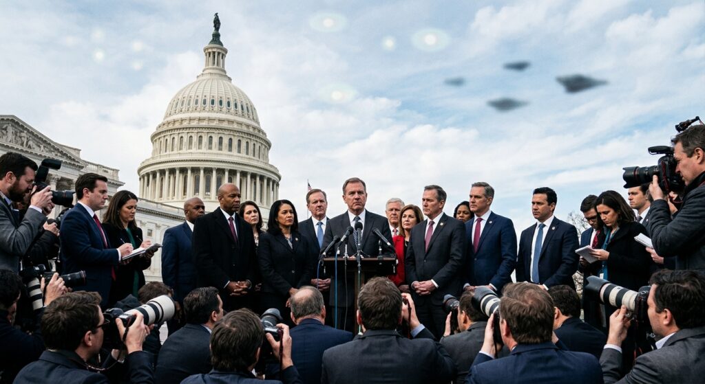 A dramatic editorial-style photograph taken on the steps of the United States Capitol building in Washington D.C. on a clear daytime sky. A diverse bipartisan group of American congressional representatives, both men and women in formal business attire, stand together at a podium with microphones, facing journalists and cameras. Among them stands a serious-looking whistleblower figure in a suit. The crowd of press reporters with cameras and recording equipment fills the foreground. The iconic white neoclassical Capitol dome rises majestically in the background. The atmosphere is tense and historically significant, conveying political urgency and institutional pressure. Overhead, subtle semi-transparent overlays suggest mysterious aerial phenomena — faint glowing orbs and unidentified craft silhouettes in the pale blue sky — blending documentary realism with an otherworldly undertone. Cinematic lighting, high-detail photojournalism style, wide-angle composition.