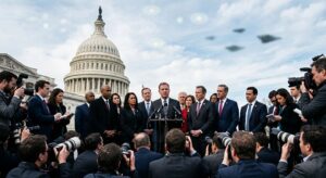 A dramatic editorial-style photograph taken on the steps of the United States Capitol building in Washington D.C. on a clear daytime sky. A diverse bipartisan group of American congressional representatives, both men and women in formal business attire, stand together at a podium with microphones, facing journalists and cameras. Among them stands a serious-looking whistleblower figure in a suit. The crowd of press reporters with cameras and recording equipment fills the foreground. The iconic white neoclassical Capitol dome rises majestically in the background. The atmosphere is tense and historically significant, conveying political urgency and institutional pressure. Overhead, subtle semi-transparent overlays suggest mysterious aerial phenomena — faint glowing orbs and unidentified craft silhouettes in the pale blue sky — blending documentary realism with an otherworldly undertone. Cinematic lighting, high-detail photojournalism style, wide-angle composition.