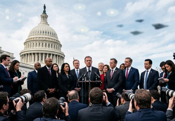 A dramatic editorial-style photograph taken on the steps of the United States Capitol building in Washington D.C. on a clear daytime sky. A diverse bipartisan group of American congressional representatives, both men and women in formal business attire, stand together at a podium with microphones, facing journalists and cameras. Among them stands a serious-looking whistleblower figure in a suit. The crowd of press reporters with cameras and recording equipment fills the foreground. The iconic white neoclassical Capitol dome rises majestically in the background. The atmosphere is tense and historically significant, conveying political urgency and institutional pressure. Overhead, subtle semi-transparent overlays suggest mysterious aerial phenomena — faint glowing orbs and unidentified craft silhouettes in the pale blue sky — blending documentary realism with an otherworldly undertone. Cinematic lighting, high-detail photojournalism style, wide-angle composition.