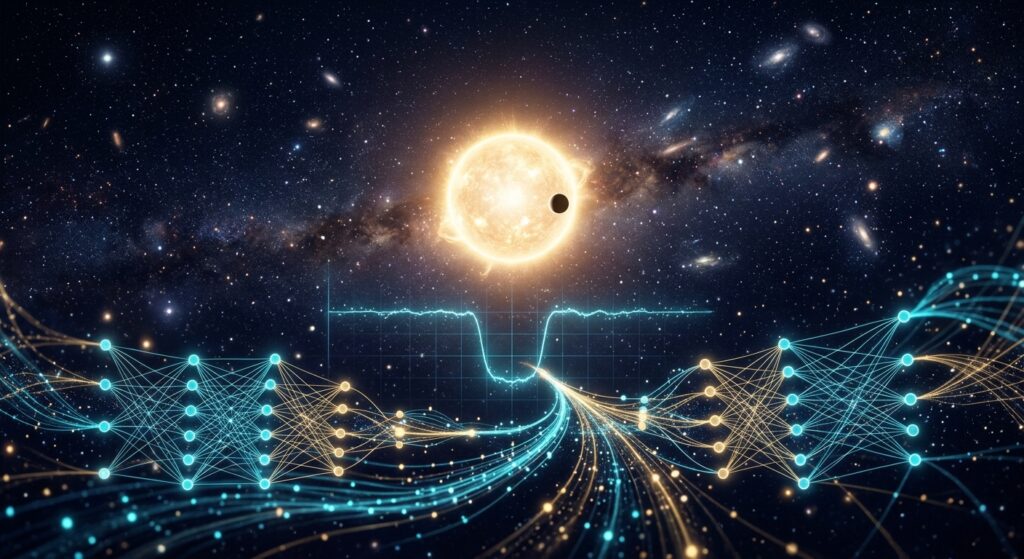 A dramatic, scientifically evocative digital illustration showing a distant star with a single small dark planet silhouette passing across its glowing surface, captured as a light curve graph subtly integrated into the cosmic background. The star radiates warm golden-white light against a deep indigo and black space filled with distant galaxies. In the foreground, a faint neural network or transformer architecture visualized as luminous interconnected nodes and flowing data streams analyzes the stellar brightness dip, symbolizing artificial intelligence detecting the rare transit event. The composition blends astrophysics and machine learning aesthetics — cold cosmic blues and purples contrasting with warm stellar gold and electric cyan data flows. Photorealistic space environment with a cinematic, editorial science illustration style, high detail, no text or labels.