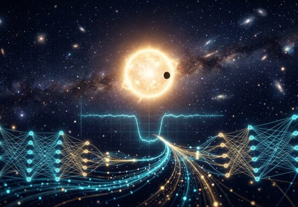 A dramatic, scientifically evocative digital illustration showing a distant star with a single small dark planet silhouette passing across its glowing surface, captured as a light curve graph subtly integrated into the cosmic background. The star radiates warm golden-white light against a deep indigo and black space filled with distant galaxies. In the foreground, a faint neural network or transformer architecture visualized as luminous interconnected nodes and flowing data streams analyzes the stellar brightness dip, symbolizing artificial intelligence detecting the rare transit event. The composition blends astrophysics and machine learning aesthetics — cold cosmic blues and purples contrasting with warm stellar gold and electric cyan data flows. Photorealistic space environment with a cinematic, editorial science illustration style, high detail, no text or labels.