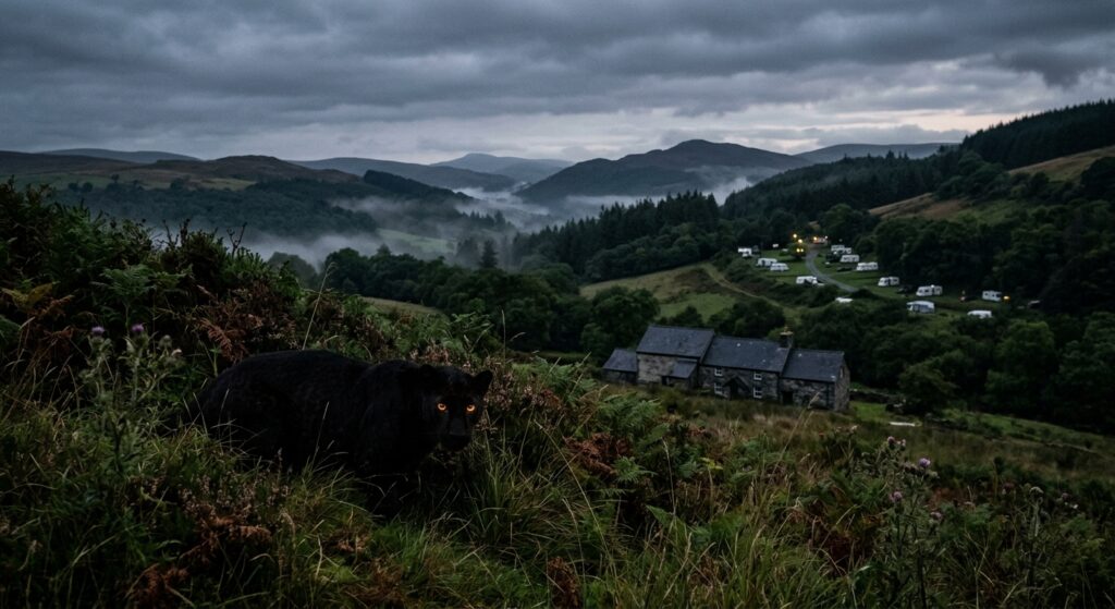 A dramatic twilight landscape of the rugged Welsh countryside, with rolling green hills, dense woodland, and misty valleys under a moody overcast sky. In the foreground, partially obscured by tall grass and undergrowth, a large black melanistic leopard crouches low, its sleek muscular form barely visible, glowing amber eyes catching the fading light. In the middle distance, a traditional Welsh stone farmhouse sits quietly, with a caravan park barely visible on the hillside beyond. The atmosphere is tense and mysterious, with fog drifting through the valleys and a sense of something wild and hidden watching from the shadows. Photorealistic wildlife photography style, cinematic lighting, deep shadows, rich greens and slate greys.