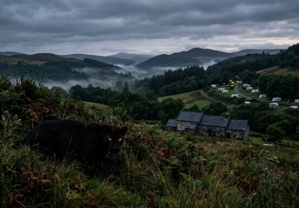 A dramatic twilight landscape of the rugged Welsh countryside, with rolling green hills, dense woodland, and misty valleys under a moody overcast sky. In the foreground, partially obscured by tall grass and undergrowth, a large black melanistic leopard crouches low, its sleek muscular form barely visible, glowing amber eyes catching the fading light. In the middle distance, a traditional Welsh stone farmhouse sits quietly, with a caravan park barely visible on the hillside beyond. The atmosphere is tense and mysterious, with fog drifting through the valleys and a sense of something wild and hidden watching from the shadows. Photorealistic wildlife photography style, cinematic lighting, deep shadows, rich greens and slate greys.