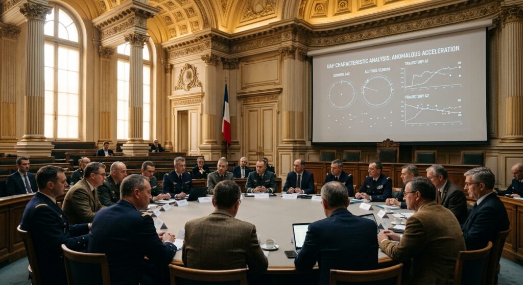 A grand, prestigious parliamentary hall in classical French neoclassical architecture, with ornate gilded details, high ceilings, and tall arched windows letting in soft afternoon light. At the center, a formal conference table is set up where figures in military uniforms, civilian suits, and academic attire are seated together in serious discussion. Above them, subtle projections on a large screen display radar-like circular data visualizations and aerial trajectory graphs — abstract and scientific rather than fantastical. The atmosphere is institutional and rigorous, with a sense of historic significance. In the background, the French tricolor flag is faintly visible. The overall tone is serious, intellectually charged, and grounded — no alien imagery, no science fiction elements — conveying the legitimization of aerial anomaly research within a formal governmental and scientific framework. Photorealistic editorial style, cinematic lighting, wide-angle perspective.