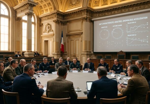 A grand, prestigious parliamentary hall in classical French neoclassical architecture, with ornate gilded details, high ceilings, and tall arched windows letting in soft afternoon light. At the center, a formal conference table is set up where figures in military uniforms, civilian suits, and academic attire are seated together in serious discussion. Above them, subtle projections on a large screen display radar-like circular data visualizations and aerial trajectory graphs — abstract and scientific rather than fantastical. The atmosphere is institutional and rigorous, with a sense of historic significance. In the background, the French tricolor flag is faintly visible. The overall tone is serious, intellectually charged, and grounded — no alien imagery, no science fiction elements — conveying the legitimization of aerial anomaly research within a formal governmental and scientific framework. Photorealistic editorial style, cinematic lighting, wide-angle perspective.