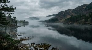A misty, atmospheric scene at Loch Ness in the Scottish Highlands during early spring, captured in moody natural light. The dark, glassy surface of the vast lake reflects low-hanging grey clouds and rolling green hills. In the middle distance, a subtle dark elongated shape barely breaks the surface of the black water, ambiguous and mysterious — neither clearly an animal nor clearly an object. The shoreline is lined with ancient pine trees partially obscured by morning mist. The overall mood is eerie, contemplative, and cinematic, evoking both wonder and uncertainty. Photorealistic style with a cool, desaturated color palette dominated by deep greens, slate greys, and dark blues. Wide landscape composition, editorial photography aesthetic.