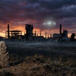 A vast, atmospheric panoramic view of the Kazakh steppe at twilight, with an endless flat grassland stretching to the horizon under a dramatic bruised sky of deep purples and burnt oranges. In the mid-ground, the skeletal ruins of an abandoned Soviet industrial complex — corroded metal structures, crumbling concrete towers, and broken machinery — stand silhouetted against the glowing horizon. Faint wisps of mist curl low across the ground. In the foreground, a lone weathered stone totem or ancient carved figure partially buried in the earth hints at pre-industrial nomadic heritage. A barely visible soft luminescent orb or atmospheric glow hovers distantly above the ruins, ambiguous and unexplained. The overall mood is eerie, desolate, and mysterious, blending ancient sacred landscape with Cold War industrial decay. Cinematic editorial photography style, wide-angle perspective, muted earthy tones with cold blue shadows, high detail, realistic lighting.